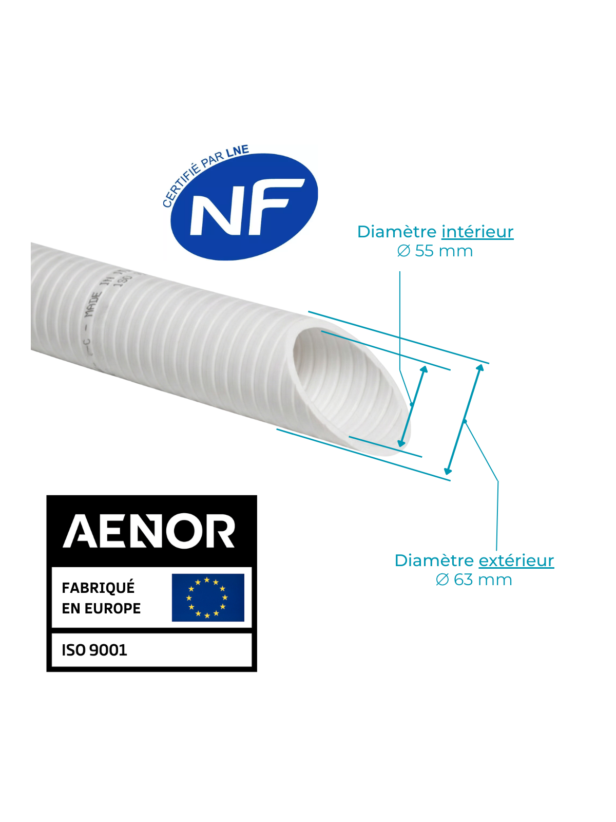 Blanc Diamètre 63mm extérieur / 55mm intérieur